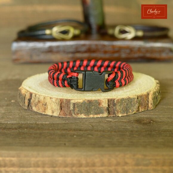 Paracord Survival Bracelet Side Release Buckle Black/Red L 7.5"(ID202-203) - Picture 1 of 2